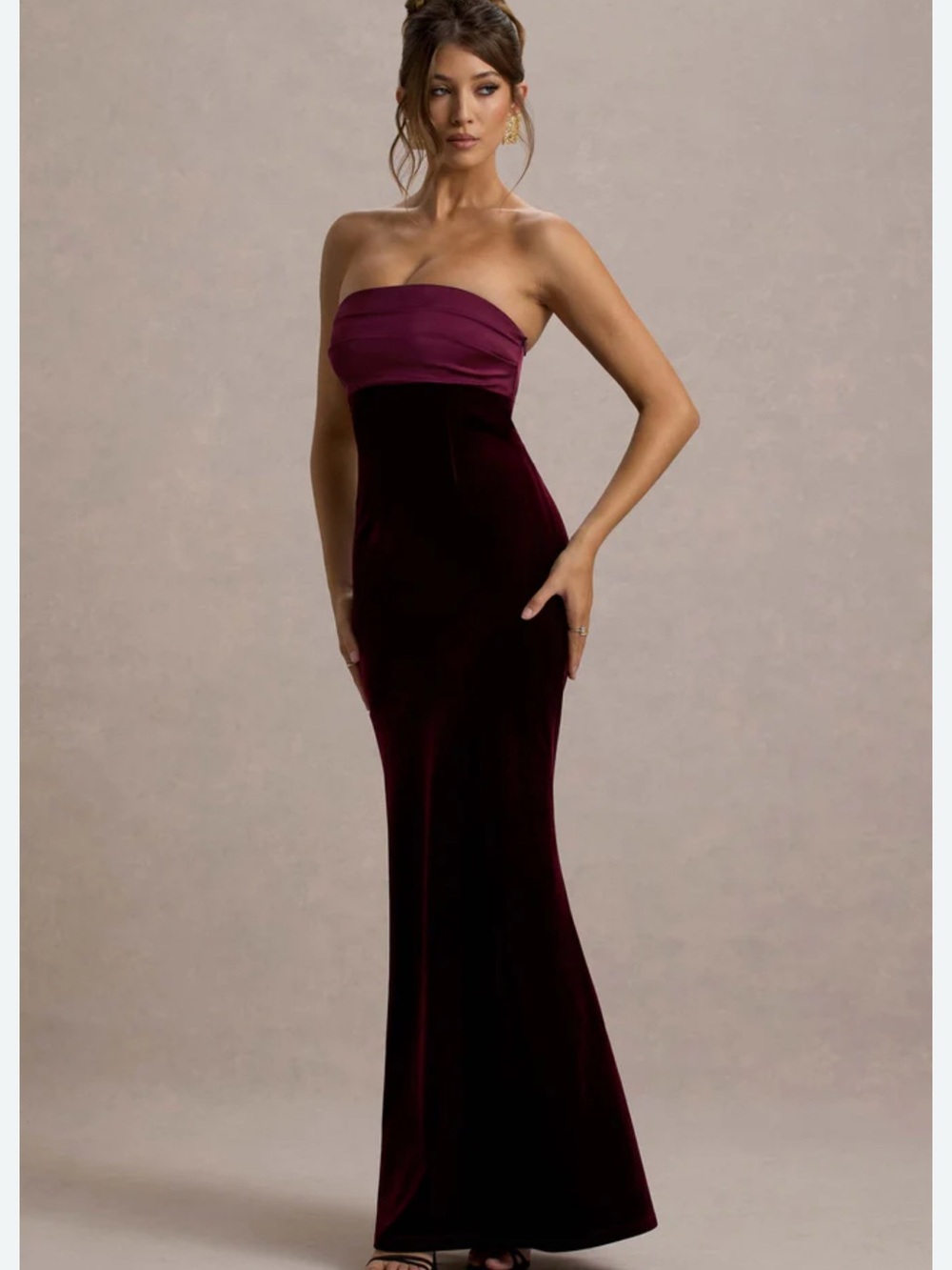 Club L London AMBROSI Port Velvet Bandeau Maxi Dress L